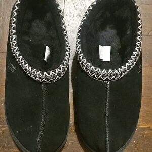 UGG Black Suede Slip-Ons with Patterned Trim
